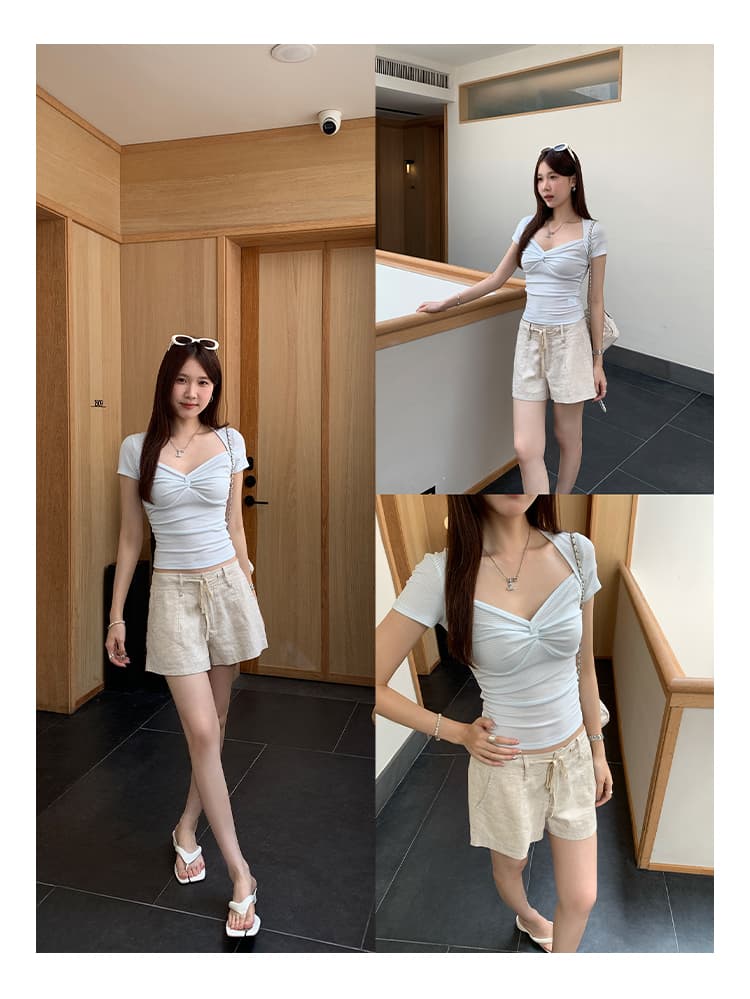 실사 그림 디자인 센스 Chic 좋은 미국 칼라 비틀림 반팔 티셔츠 여성 여름 2026 새로운 아름다운 꼬집기 허리 위로 의류 상세 이미지 17