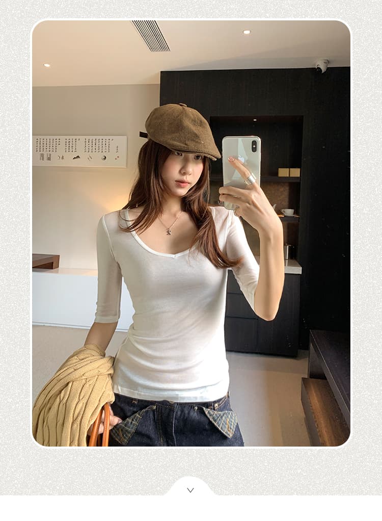 실사 그림 주간 실크 양모 검정색 u 칼라 5 점 소매 티셔츠 여성 가을 2026 새로운 프랑스식 연령 감소 맨위 상세 이미지 2