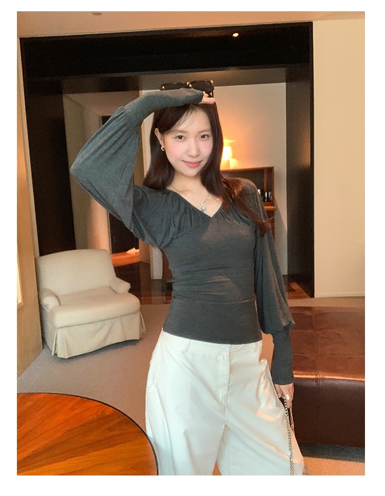 실사 그림 주름 패치워크 V넥 긴팔 티셔츠 여자 가을 2026 새로운 한 부서 착용 가져 가라. 코치 사소한 맨위 상세 이미지 19