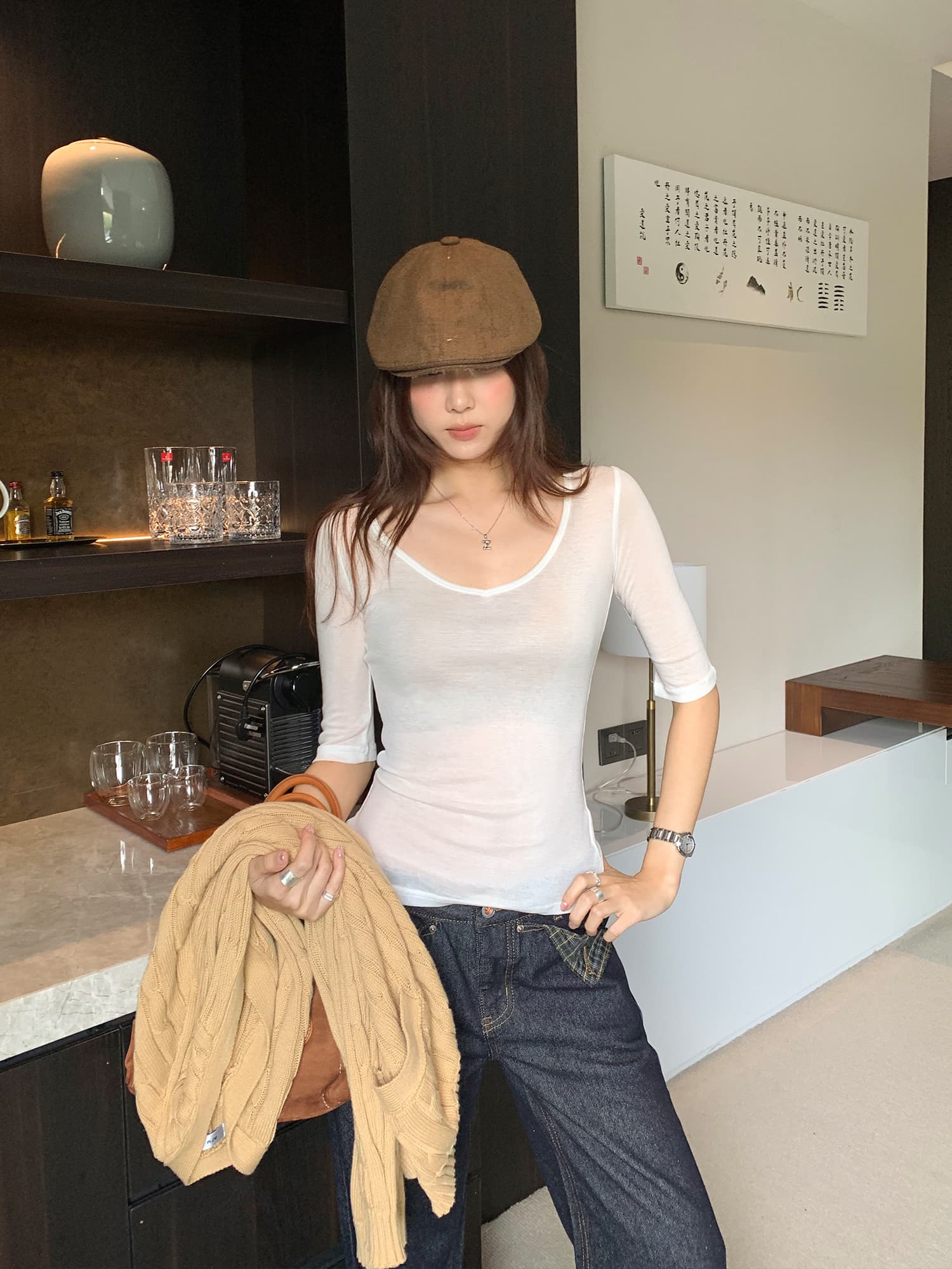실사 그림 주간 실크 양모 검정색 u 칼라 5 점 소매 티셔츠 여성 가을 2026 새로운 프랑스식 연령 감소 맨위 이미지 3