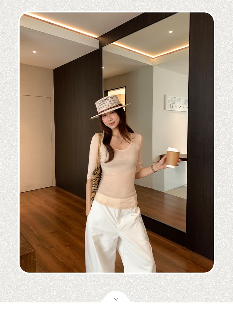 실사 그림 주간 실크 양모 검정색 u 칼라 5 점 소매 티셔츠 여성 가을 2026 새로운 프랑스식 연령 감소 맨위 상세 이미지 2