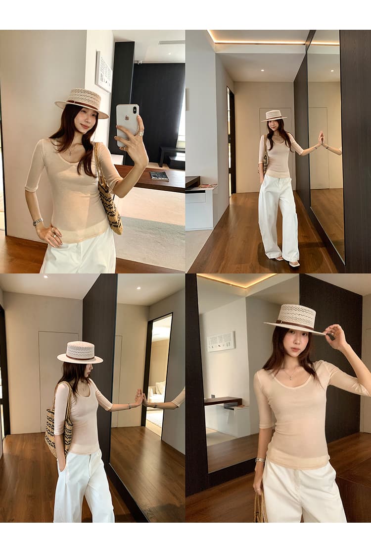 실사 그림 주간 실크 양모 검정색 u 칼라 5 점 소매 티셔츠 여성 가을 2026 새로운 프랑스식 연령 감소 맨위 상세 이미지 10