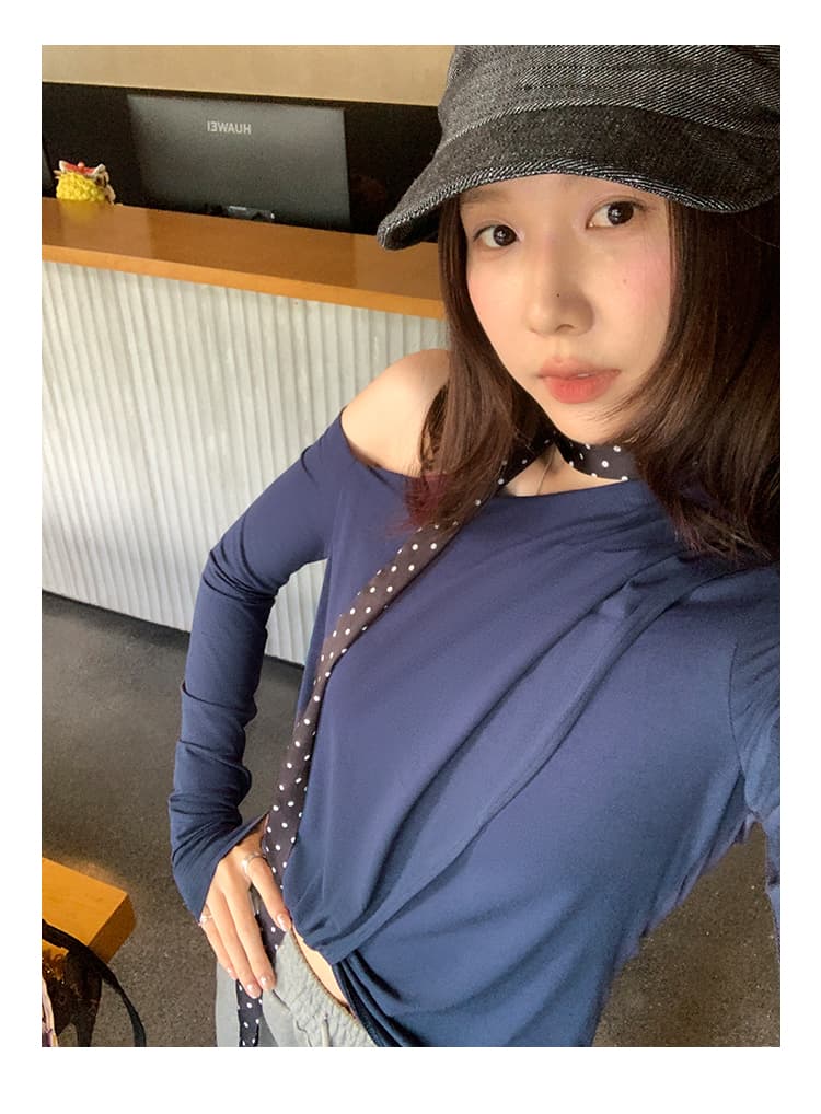 실사 그림 작은 대중 회색 몸매 가꾸기 펌프 Pleat 비스듬한 칼라 긴팔 티셔츠 여성 2026 새로운 빛 사람들 코치 착용 잡아라. 의류 상세 이미지 27