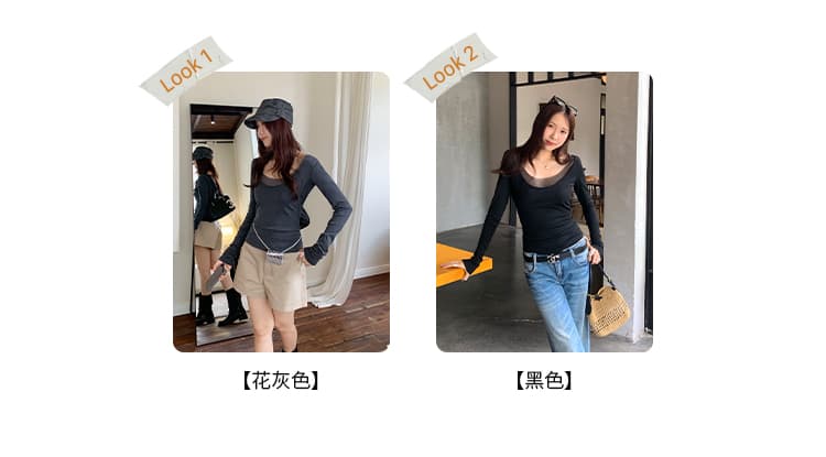 실사 그림 페이크 레이어드 몸매 가꾸기 양모 u 칼라 긴팔 티셔츠 여성 2026 여름 새로운 고유 한 아름다운 꼬집기 허리 위로 의류 상세 이미지 6