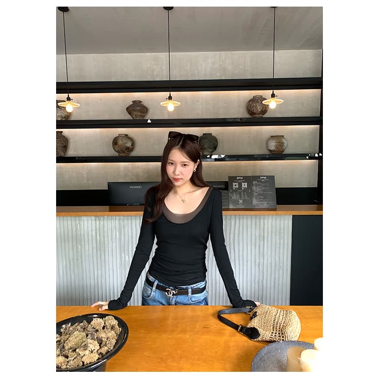 실사 그림 페이크 레이어드 몸매 가꾸기 양모 u 칼라 긴팔 티셔츠 여성 2026 여름 새로운 고유 한 아름다운 꼬집기 허리 위로 의류 상세 이미지 17