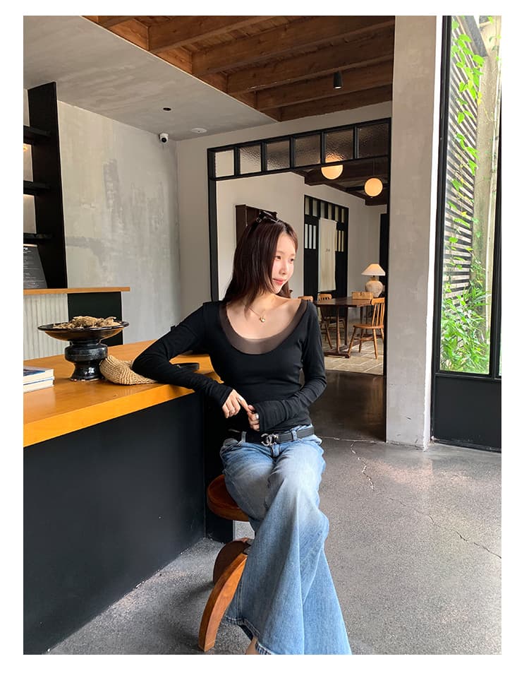 실사 그림 페이크 레이어드 몸매 가꾸기 양모 u 칼라 긴팔 티셔츠 여성 2026 여름 새로운 고유 한 아름다운 꼬집기 허리 위로 의류 상세 이미지 19