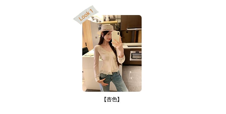실사 그림 부드러운 로얄 자매 바람 레이스 주름 V넥 긴팔 티셔츠 여성 가을 2026 새로운 프랑스식 아름다운 맨위 상세 이미지 4