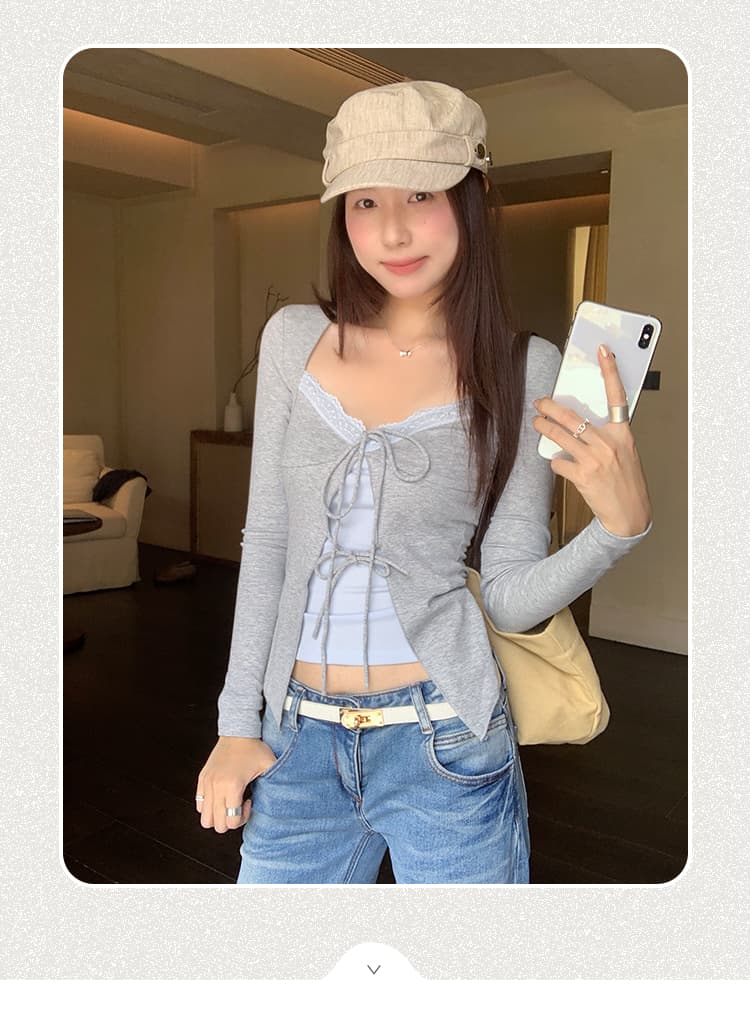 실사 그림 코치 사소한 V넥 페이크 레이어드 긴팔 티셔츠 여성 가을 2026 새로운 활력 가벼운 일 바람 연령 감소 맨위 상세 이미지 2