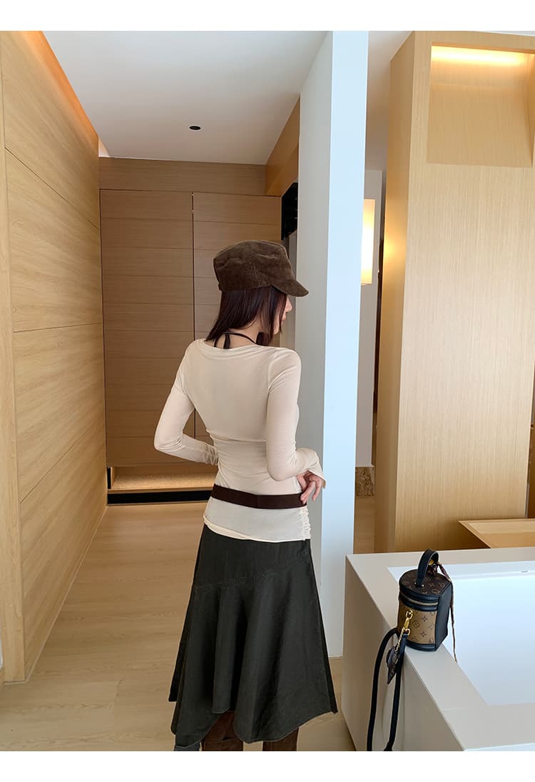 실사 그림 프랑스식 u 칼라 알파벳 프린트 얇은 스타일 자외선 차단 긴팔 티셔츠 여성 가을 2026 새로운 고유 한 아름다운 맨위 상세 이미지 13