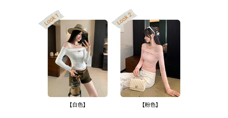 실사 그림 화이트 홀로우 아웃 몸매 가꾸기 긴팔 티셔츠 여자 2026 새로운 한 부서 착용 가져 가라. 오프숄더 맨위 상세 이미지 6