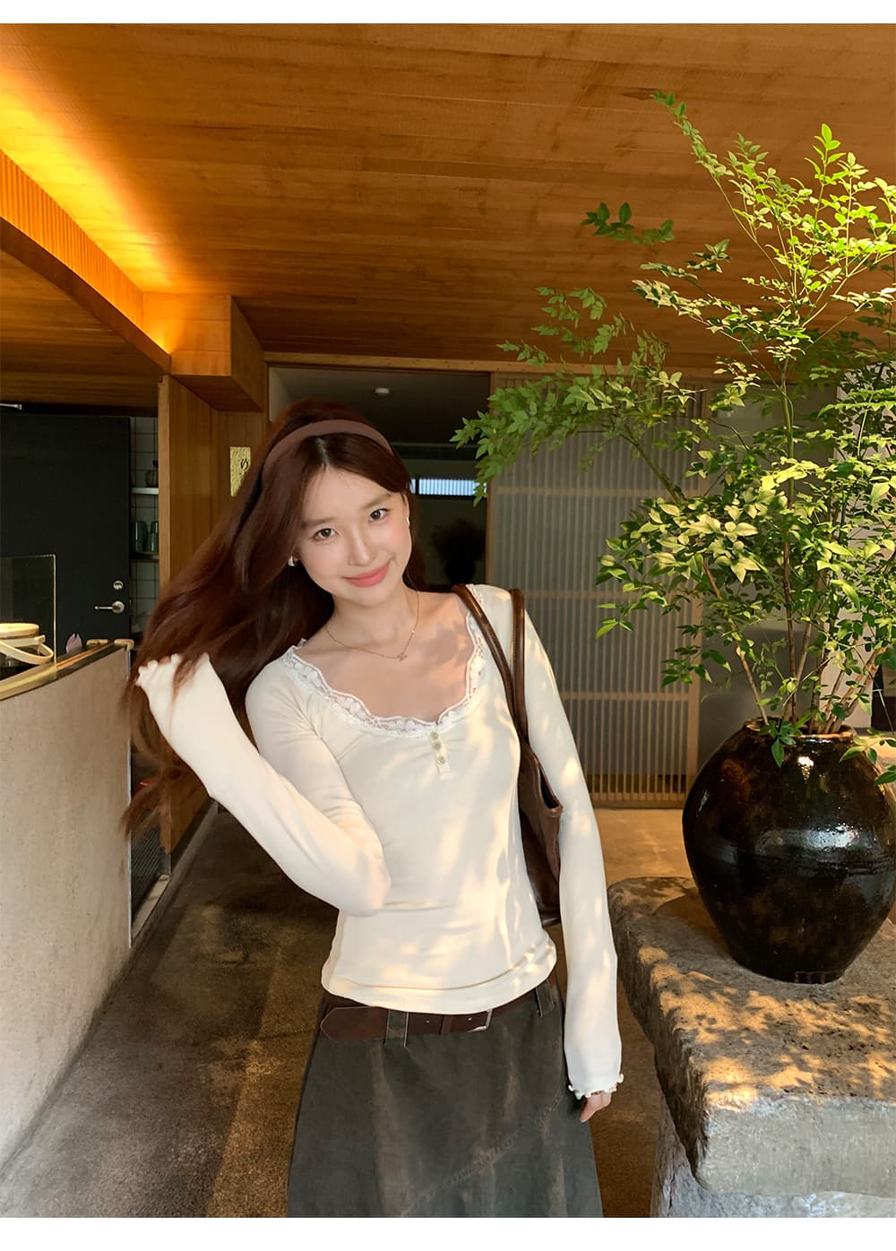 실사 그림 코치 사소한 살구 색상 레이스 u 칼라 긴팔 니트 티셔츠 여성 가을 2026 새로운 그레이트 봐. 의류 상세 이미지 16