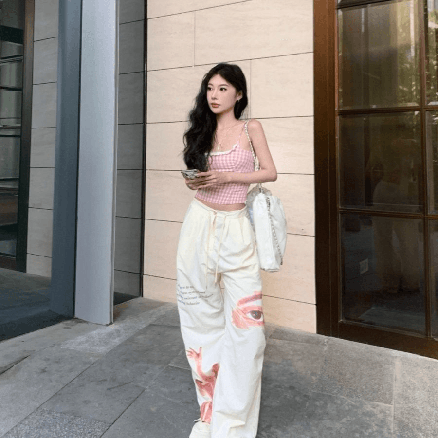 순수한 욕망 바람 핑크색 체크무늬 레이스 캐미솔 여름 달콤한 핫걸 몸매 가꾸기 슬림해 보이는 짧은 맨위 이미지 2
