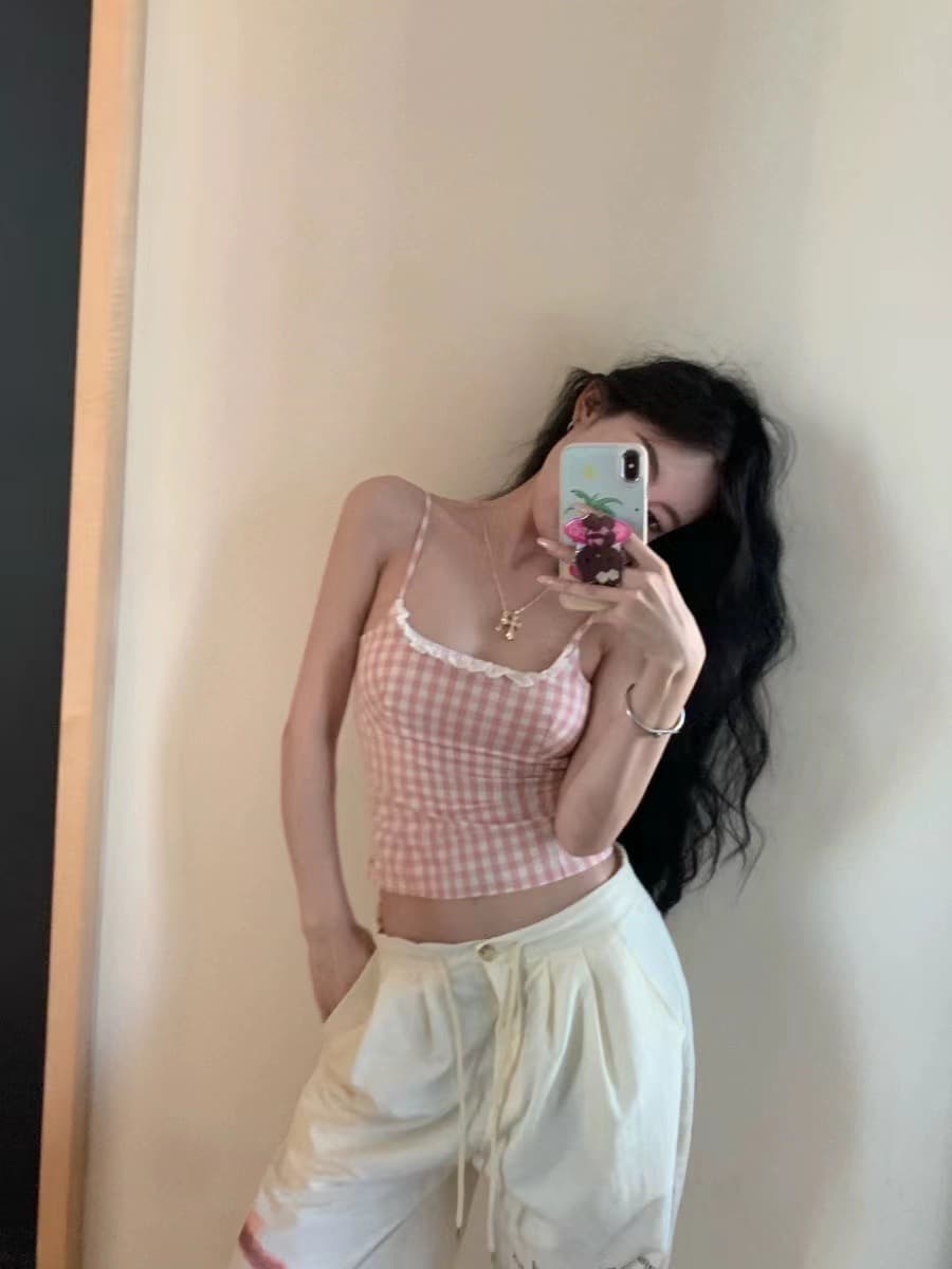 순수한 욕망 바람 핑크색 체크무늬 레이스 캐미솔 여름 달콤한 핫걸 몸매 가꾸기 슬림해 보이는 짧은 맨위 이미지 3