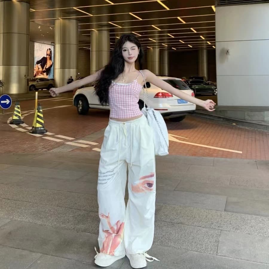 순수한 욕망 바람 핑크색 체크무늬 레이스 캐미솔 여름 달콤한 핫걸 몸매 가꾸기 슬림해 보이는 짧은 맨위 상세 이미지 2