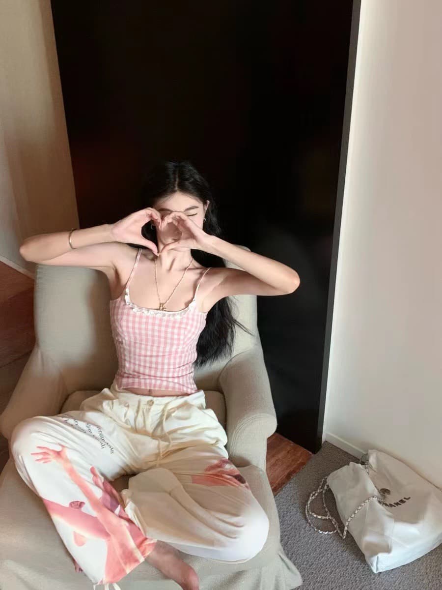 순수한 욕망 바람 핑크색 체크무늬 레이스 캐미솔 여름 달콤한 핫걸 몸매 가꾸기 슬림해 보이는 짧은 맨위 상세 이미지 3