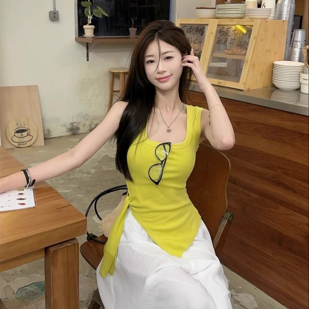 밝은 황색 불규칙 레이스업 조끼 여성 여름 순수한 욕망 몸매 가꾸기 슬림해 보이는 디자인 센스 민소매 외출용 맨위 이미지 4
