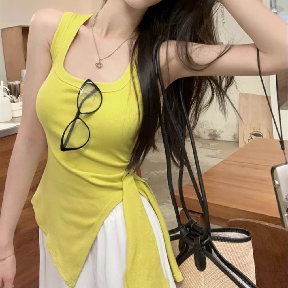 밝은 황색 불규칙 레이스업 조끼 여성 여름 순수한 욕망 몸매 가꾸기 슬림해 보이는 디자인 센스 민소매 외출용 맨위 이미지 3