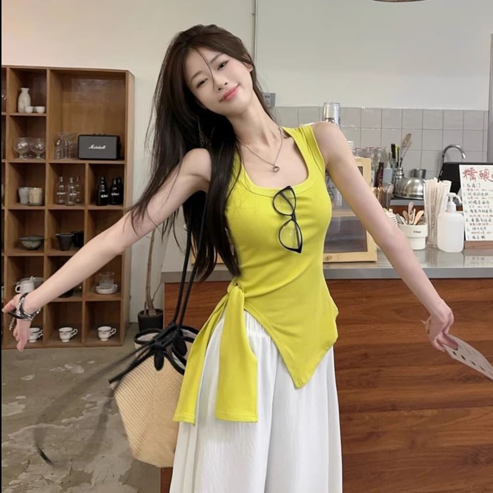 밝은 황색 불규칙 레이스업 조끼 여성 여름 순수한 욕망 몸매 가꾸기 슬림해 보이는 디자인 센스 민소매 외출용 맨위 상세 이미지 1