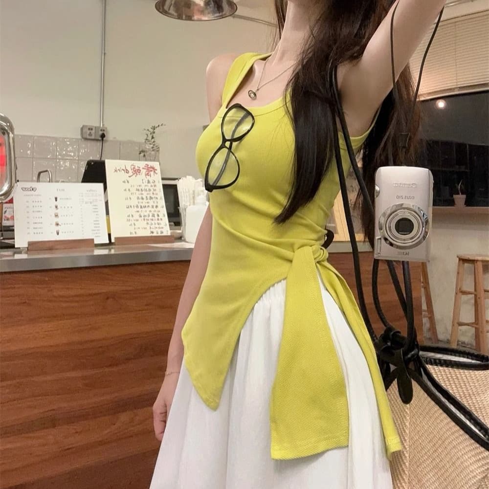 밝은 황색 불규칙 레이스업 조끼 여성 여름 순수한 욕망 몸매 가꾸기 슬림해 보이는 디자인 센스 민소매 외출용 맨위 상세 이미지 5