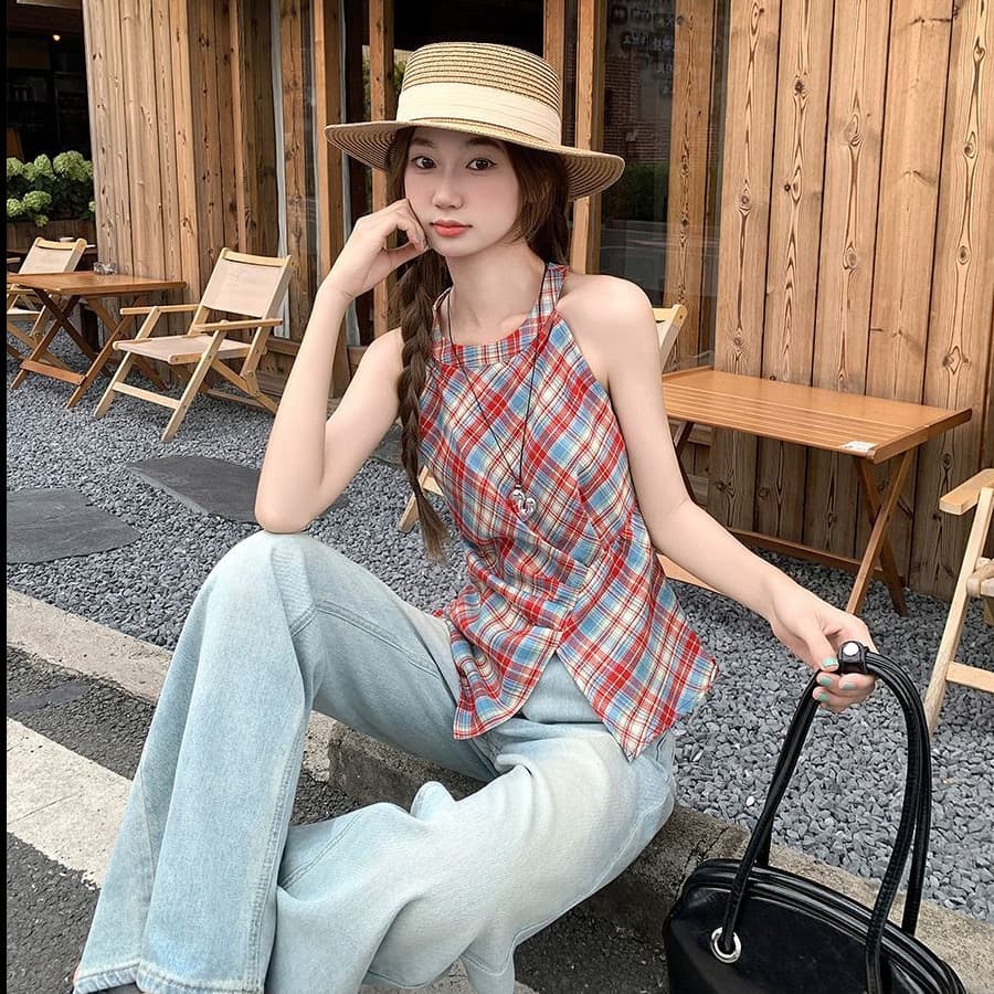한 부서 배색 체크무늬 행침 목 캐미솔 여름 달콤한 매운맛 바람 몸매 가꾸기 아름다운 민소매 작은 셔츠 이미지 4