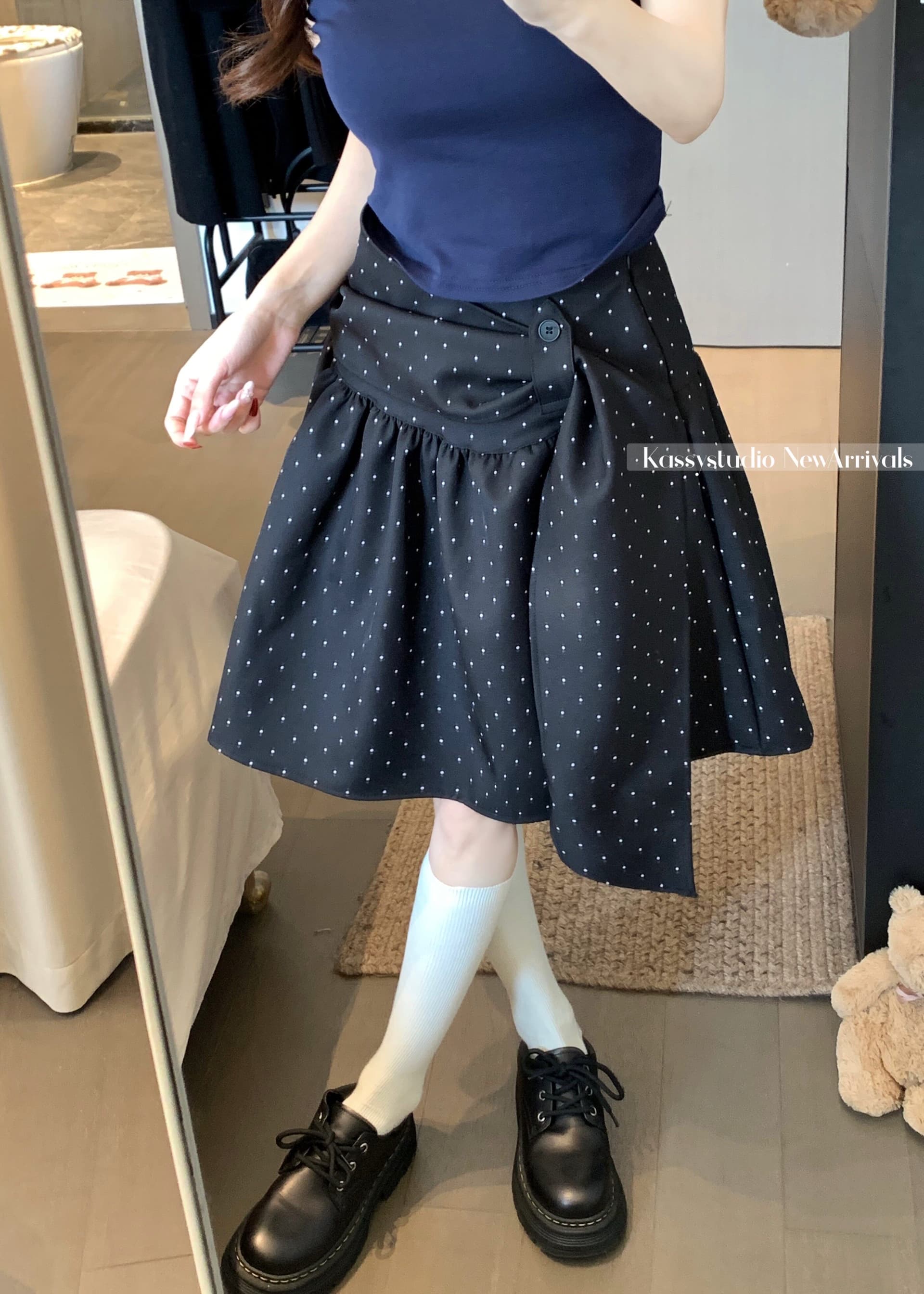 디자인 센스 miu 부서 회색 도트 무늬 반신 스커트 여성 여름 하이웨이스트 슬림해 보이는 다용도 표지 넓적 다리 한 마디 미니 스커트 상세 이미지 3
