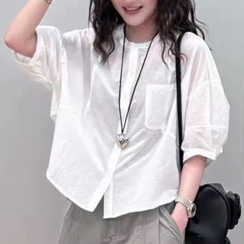 패션 외국 가스 단색 쉬폰 거품 소매 여성 셔츠 여름 캐주얼 라운드 넥 작은 키 자외선 차단 오픈 가디건 맨위 얇은 상세 이미지 1