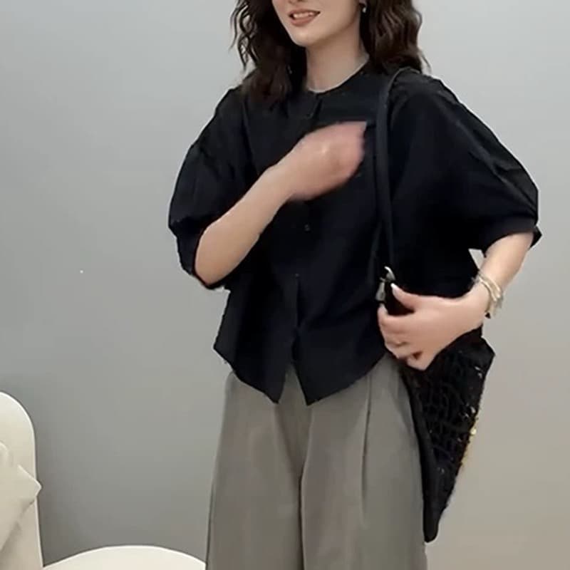 패션 외국 가스 단색 쉬폰 거품 소매 여성 셔츠 여름 캐주얼 라운드 넥 작은 키 자외선 차단 오픈 가디건 맨위 얇은 상세 이미지 2