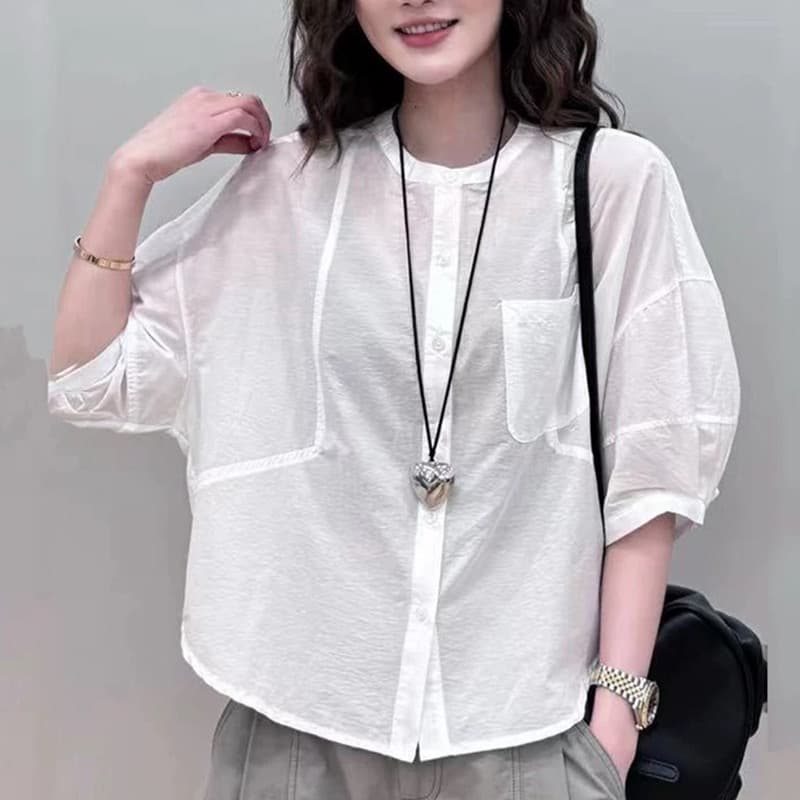 패션 외국 가스 단색 쉬폰 거품 소매 여성 셔츠 여름 캐주얼 라운드 넥 작은 키 자외선 차단 오픈 가디건 맨위 얇은 상세 이미지 3