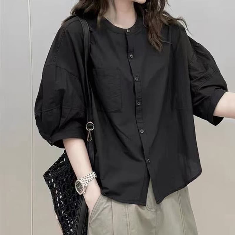 패션 외국 가스 단색 쉬폰 거품 소매 여성 셔츠 여름 캐주얼 라운드 넥 작은 키 자외선 차단 오픈 가디건 맨위 얇은 상세 이미지 4