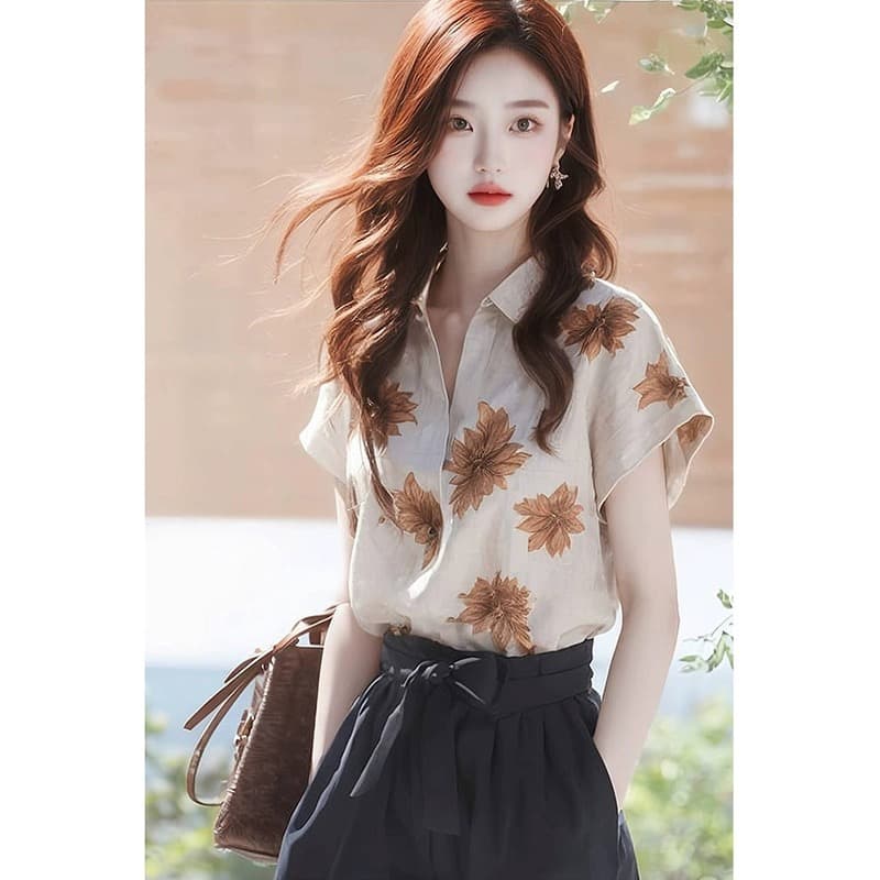 아마 프린트 POLO 칼라 반팔 셔츠 여성 디자인 센스 작은 대중 여름 고유 한 Chic 루즈핏 얇은 스타일 맨위 이미지 4