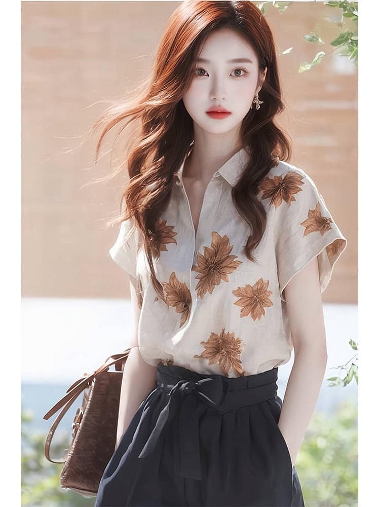 아마 프린트 POLO 칼라 반팔 셔츠 여성 디자인 센스 작은 대중 여름 고유 한 Chic 루즈핏 얇은 스타일 맨위