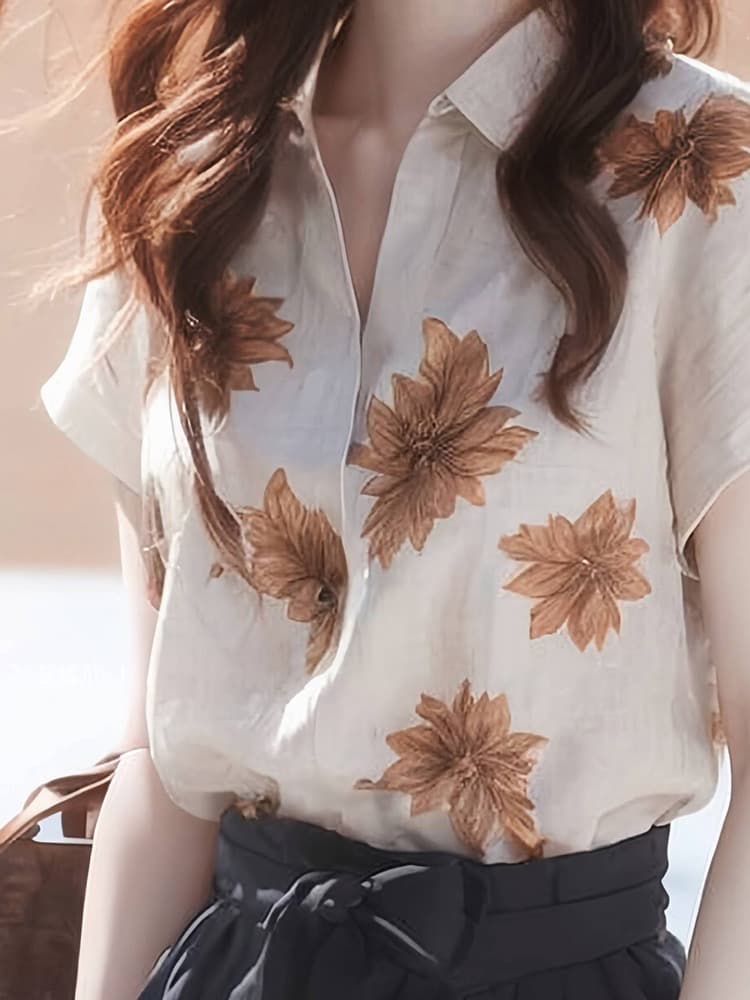 아마 프린트 POLO 칼라 반팔 셔츠 여성 디자인 센스 작은 대중 여름 고유 한 Chic 루즈핏 얇은 스타일 맨위 이미지 2