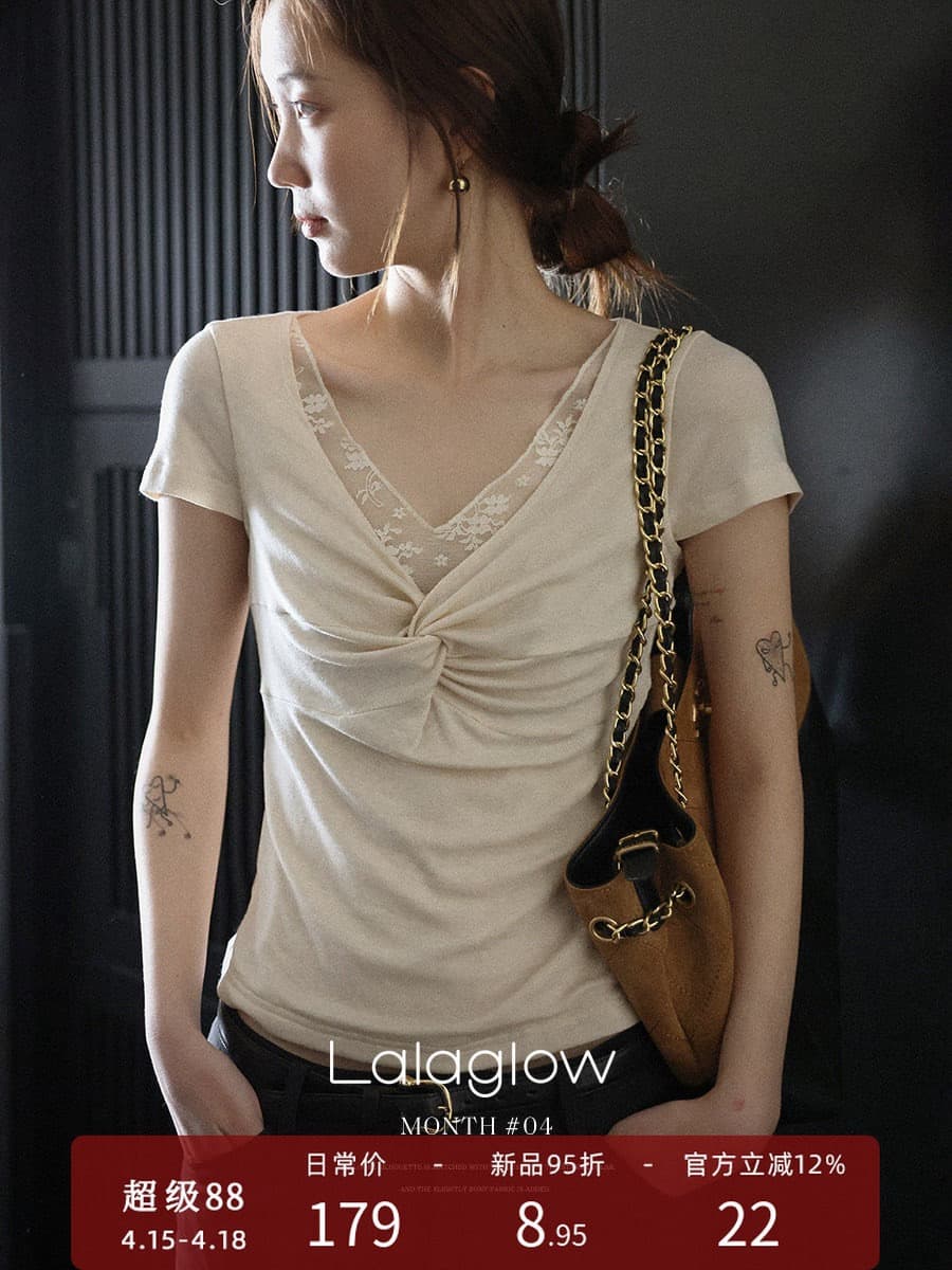 lalaglow 발레 속삭임 주간 실크 양모 레이스 몸매 가꾸기 슬림해 보이는 비틀림 반팔 티셔츠 다용도 맨위 여성 이미지 4