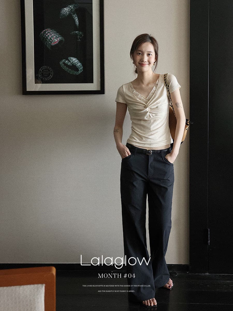 lalaglow 발레 속삭임 주간 실크 양모 레이스 몸매 가꾸기 슬림해 보이는 비틀림 반팔 티셔츠 다용도 맨위 여성 이미지 2
