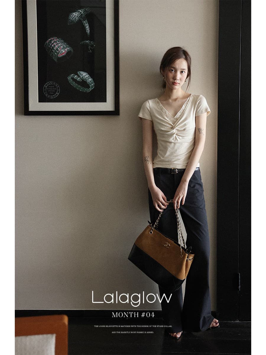 lalaglow 발레 속삭임 주간 실크 양모 레이스 몸매 가꾸기 슬림해 보이는 비틀림 반팔 티셔츠 다용도 맨위 여성 이미지 3
