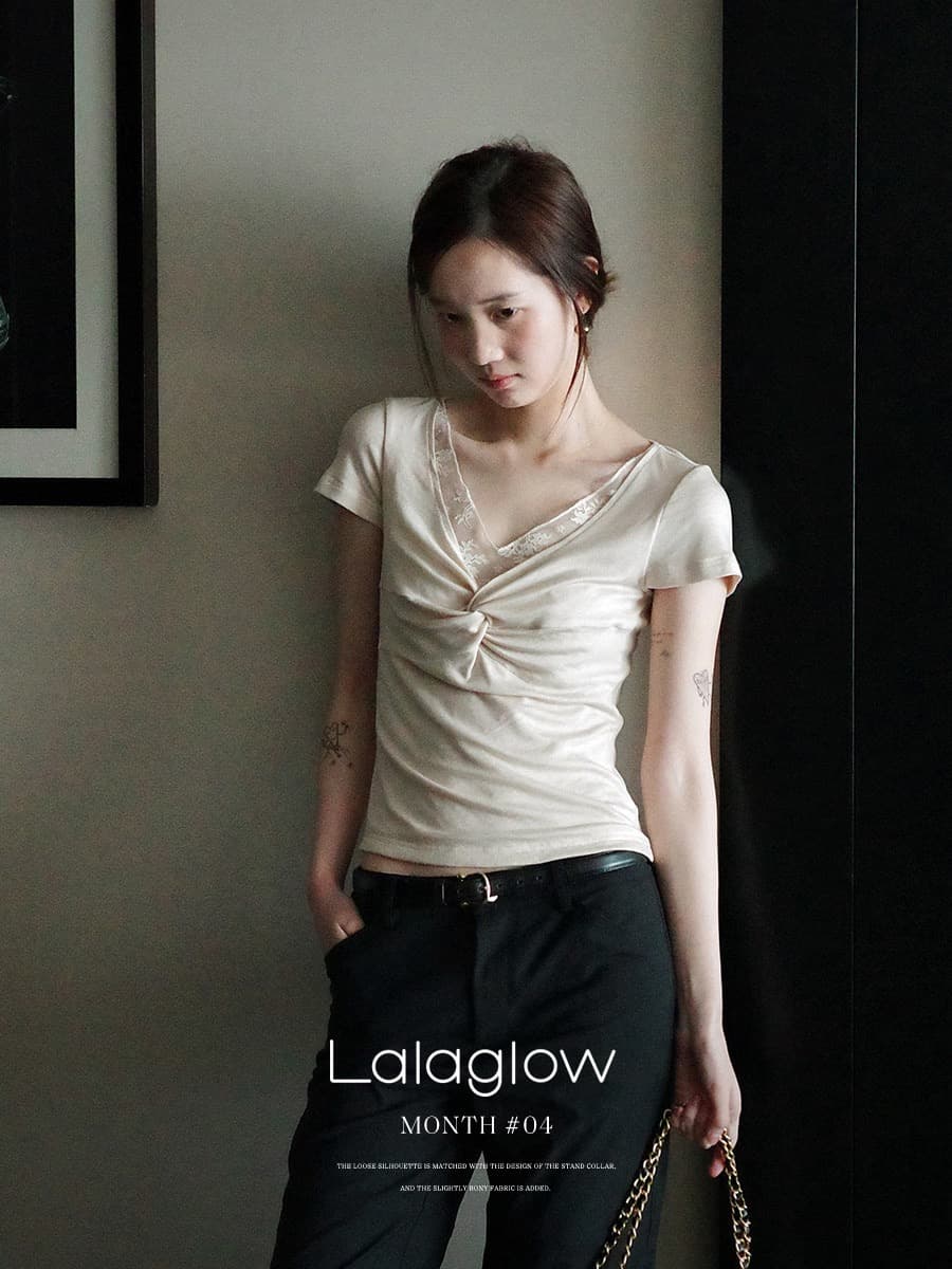 lalaglow 발레 속삭임 주간 실크 양모 레이스 몸매 가꾸기 슬림해 보이는 비틀림 반팔 티셔츠 다용도 맨위 여성 상세 이미지 3