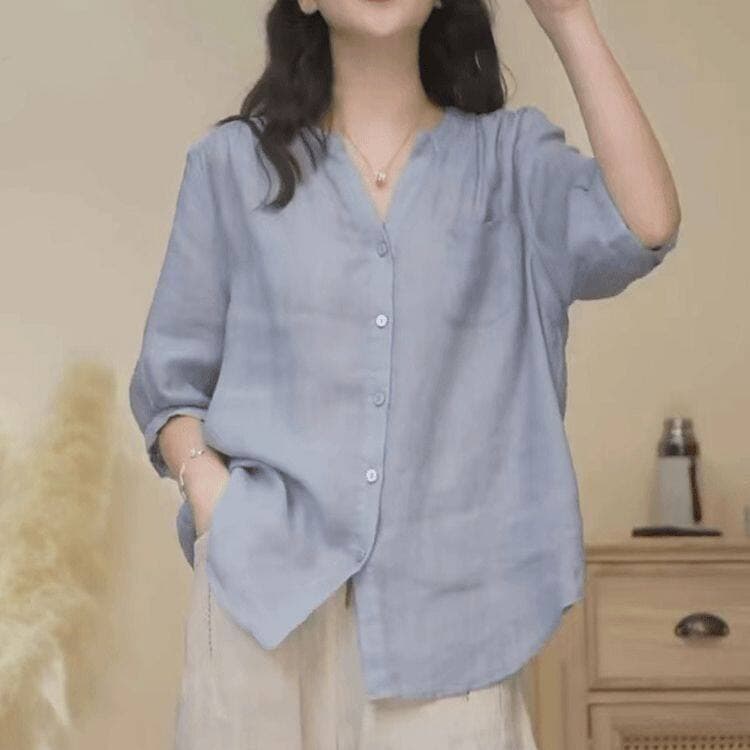 루즈핏 빅 사이즈 맨위 여름 익스트림 제인 바람 단색 V넥 사선 무늬 라미 여성 셔츠 5 점 중간 소매 외국 가스 작은 셔츠 상세 이미지 1