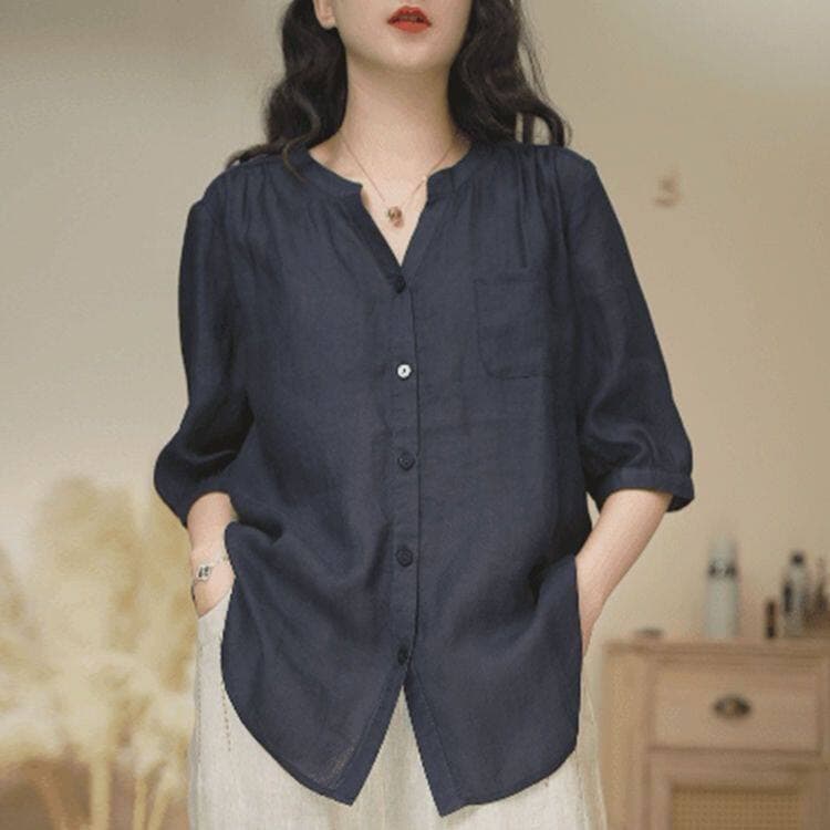 루즈핏 빅 사이즈 맨위 여름 익스트림 제인 바람 단색 V넥 사선 무늬 라미 여성 셔츠 5 점 중간 소매 외국 가스 작은 셔츠 상세 이미지 2