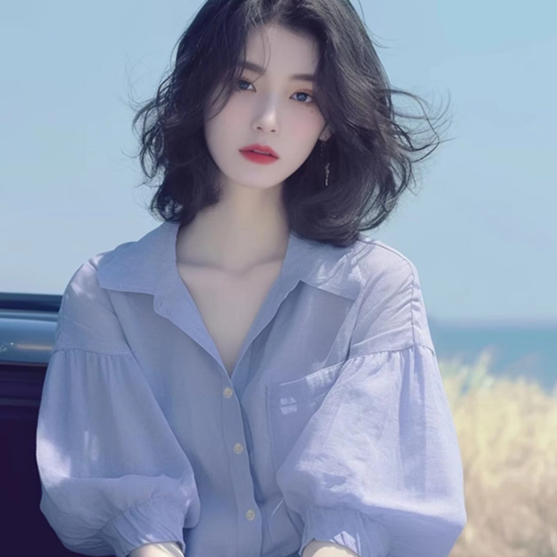여름 한 부서 chic Chic 고유 한 디자인 센스 보라색 벌룬 소매 셔츠 부드러운 품격 아름다운 V넥 맨위 이미지 4