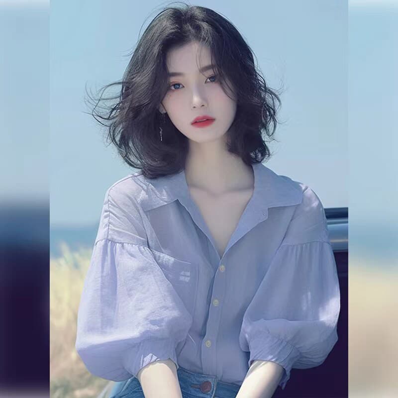 여름 한 부서 chic Chic 고유 한 디자인 센스 보라색 벌룬 소매 셔츠 부드러운 품격 아름다운 V넥 맨위
