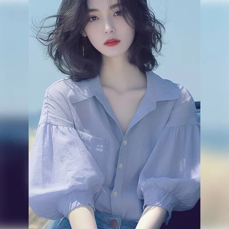 여름 한 부서 chic Chic 고유 한 디자인 센스 보라색 벌룬 소매 셔츠 부드러운 품격 아름다운 V넥 맨위 이미지 3