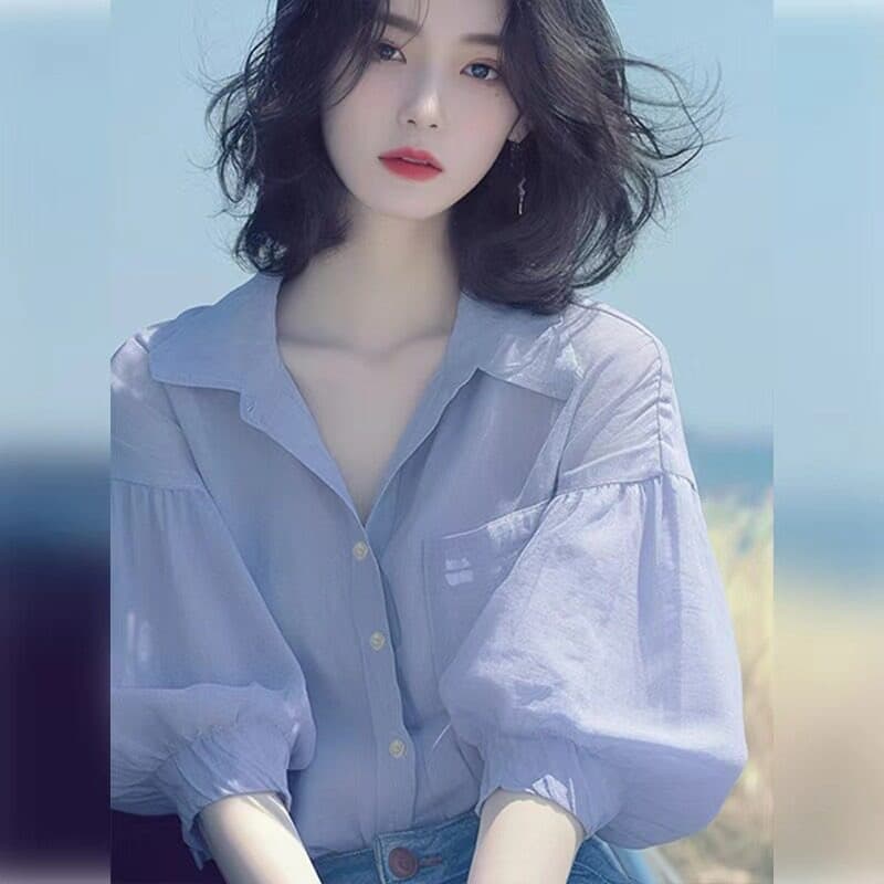 여름 한 부서 chic Chic 고유 한 디자인 센스 보라색 벌룬 소매 셔츠 부드러운 품격 아름다운 V넥 맨위 상세 이미지 2