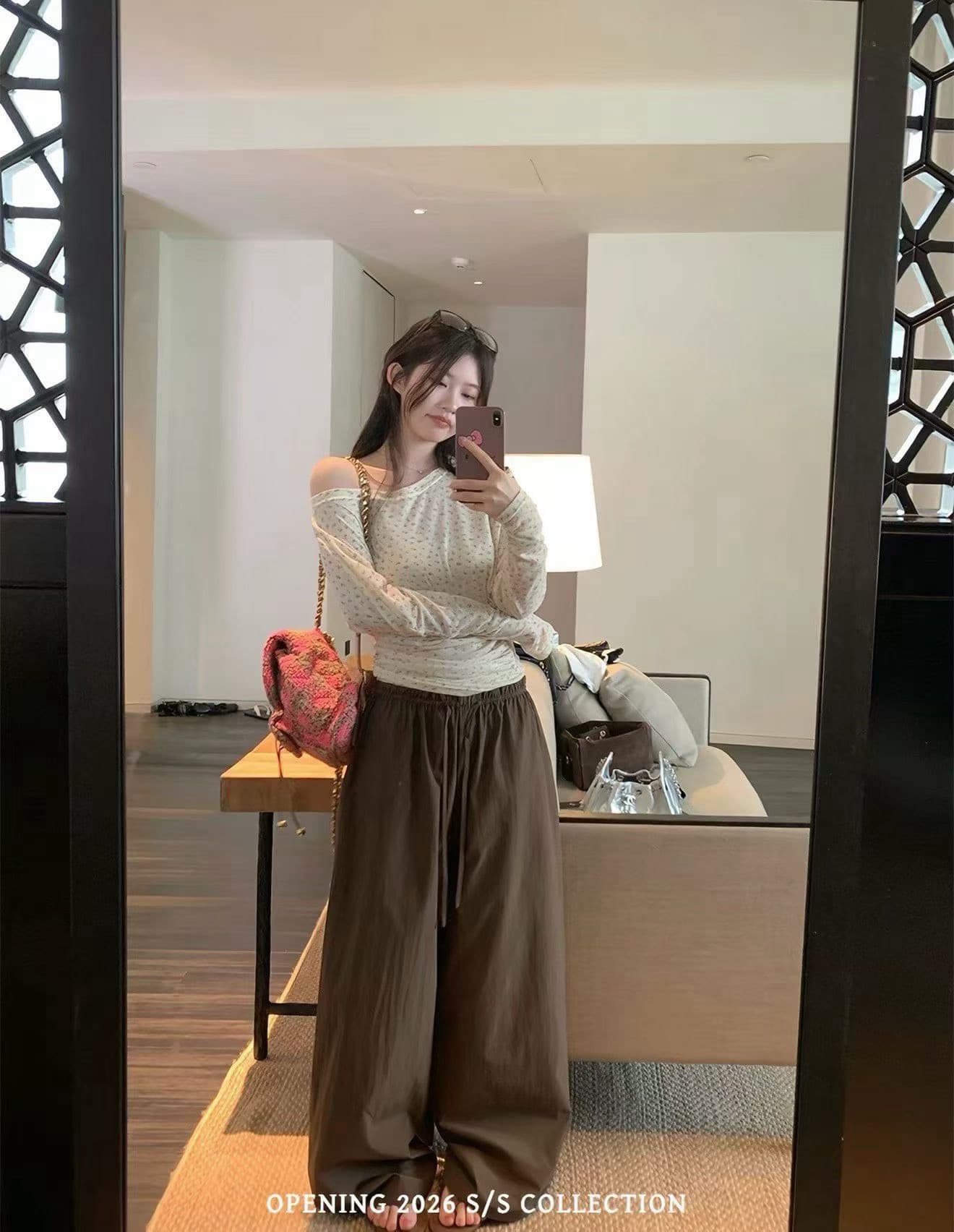 opening 직접 만든 순수한 욕망 축복 비스듬한 어깨 펌프 Pleat 허리 수축 디자인 꽃무늬 긴팔 티셔츠 이미지 2