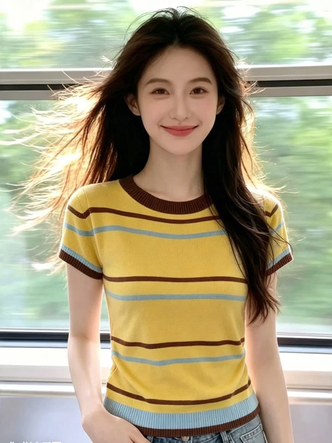 한국 스타일 레트로 스트라이프 배색 반팔 니트 스웨터 여성 여름 새로운 라운드 넥 다용도 패션 Chic 연령 감소 맨위