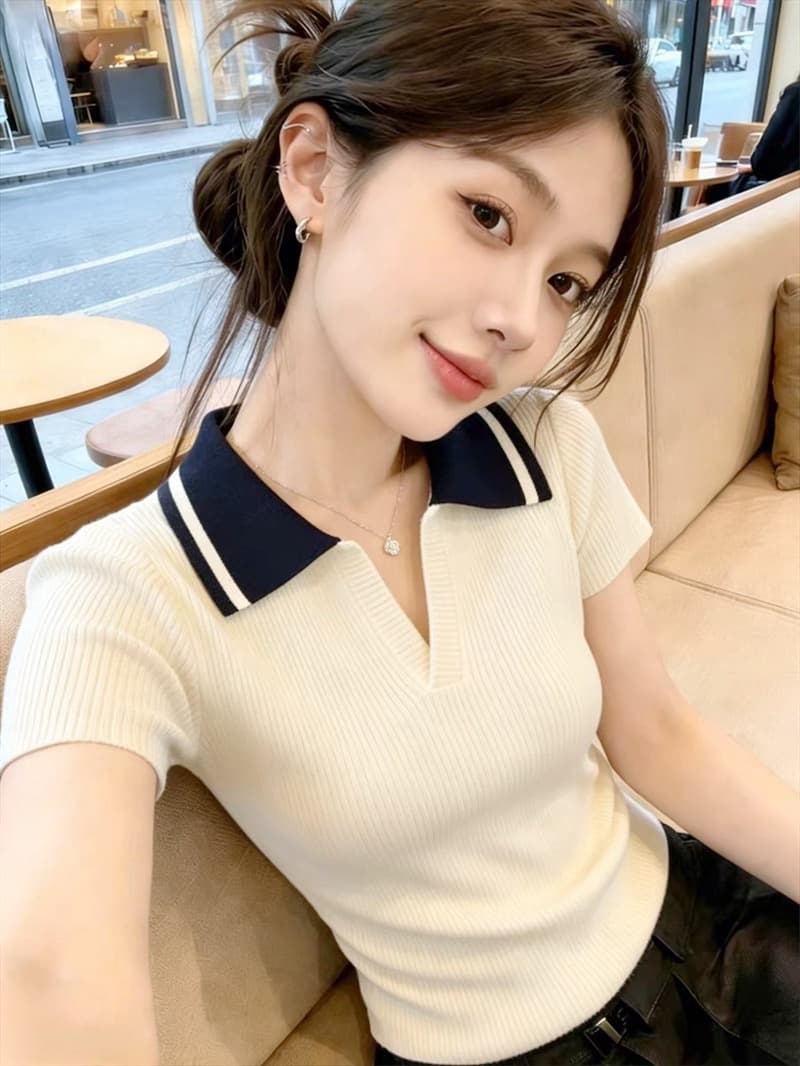POLO 셔츠 폴로 칼라 얼음 실크 반팔 니트 스웨터 여성 얇은 스타일 외국 가스 티셔츠 루즈핏 연령 감소 배색 맨위 이미지 3