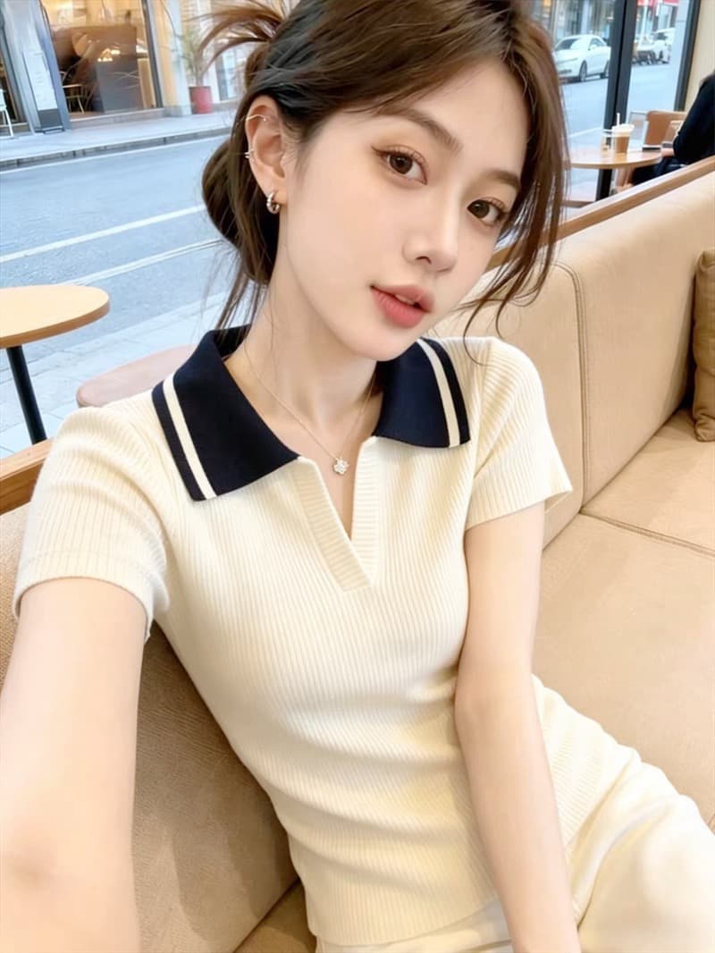 POLO 셔츠 폴로 칼라 얼음 실크 반팔 니트 스웨터 여성 얇은 스타일 외국 가스 티셔츠 루즈핏 연령 감소 배색 맨위 이미지 4