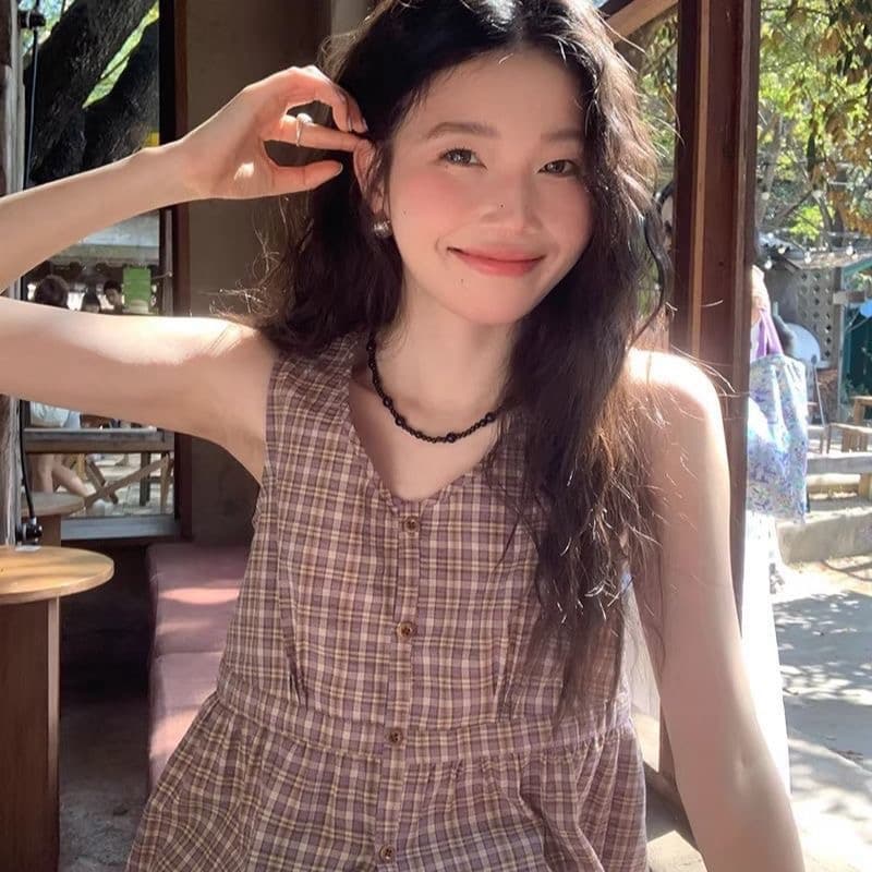 2026 여름 새로운 한 부서 레트로 체크무늬 민소매 조끼 디자인 센스 캐주얼 표지 배 몸매 가꾸기 맨위 상세 이미지 4