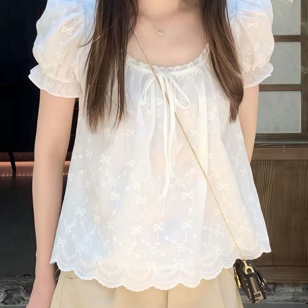 프랑스식 레이스 나비 매듭 반팔 여성 셔츠 여름 새로운 한국 스타일 Chic 작은 셔츠 거품 소매 맨위 이미지 4