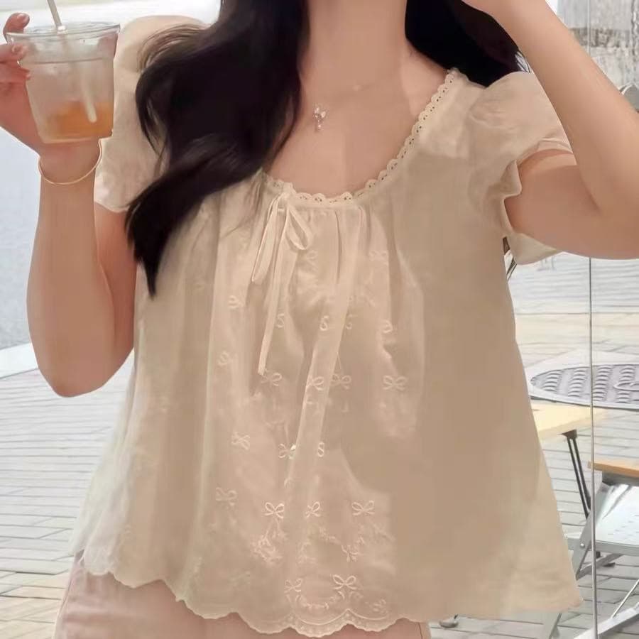 프랑스식 레이스 나비 매듭 반팔 여성 셔츠 여름 새로운 한국 스타일 Chic 작은 셔츠 거품 소매 맨위 이미지 3