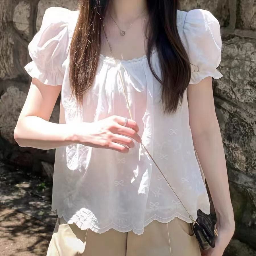 프랑스식 레이스 나비 매듭 반팔 여성 셔츠 여름 새로운 한국 스타일 Chic 작은 셔츠 거품 소매 맨위 상세 이미지 1